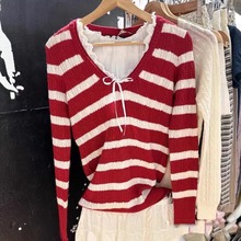 BM风新款美式学院风宽松红色V领条纹毛衣百搭麻花针织衫