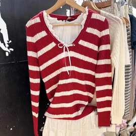 BM风新款美式学院风宽松红色V领条纹毛衣百搭麻花针织衫