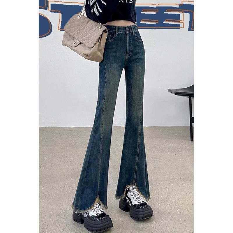 Plus-Size Slit Stretchy Flared Jeans for Women, Autumn High-Waisted Slimming Bootcut Wide-Leg Floor-Length Pants for Curvy Figures