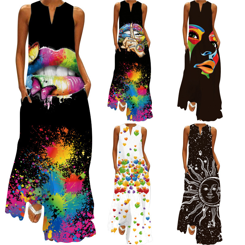 2026 Summer Independent Brand New European and American Retro Print Long Dress V-Neck Multi-Color Long Sexy Sleeveless Dress