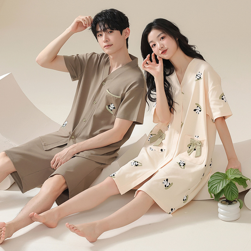 Couple Pajamas Summer Pure Cotton Cartoon Girl Loose Nightgown Men's Casual Cardigan Short-Sleeved Shorts Home Wear Set