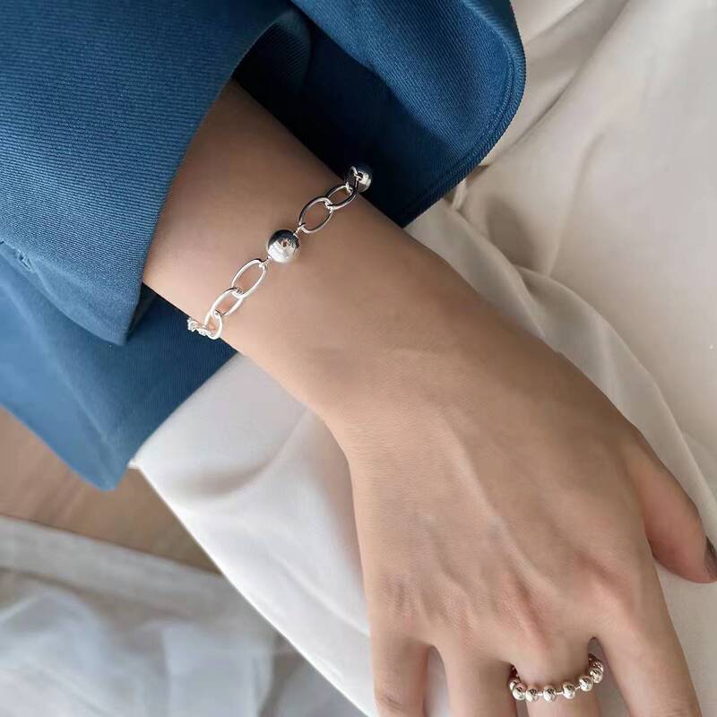 Suchuang S925 Sterling Silver Geometric Ball Silver Ball Chain Bracelet for Women Simple Elegant Niche Design Ins Hand Jewelry