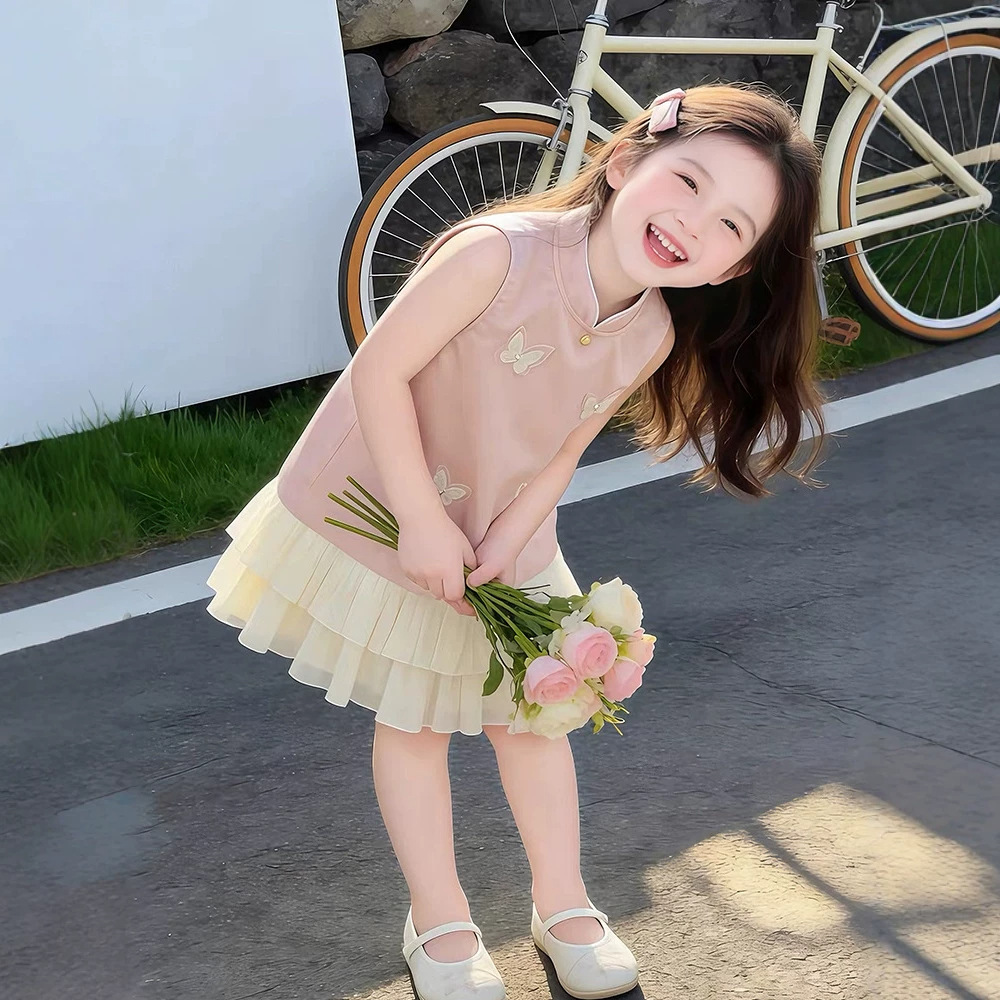 2026 Summer Girls' New Chinese Style Sleeveless Qipao Dress with Three-Dimensional Butterfly Mesh Hem, Baby's Modified Traditional Dress