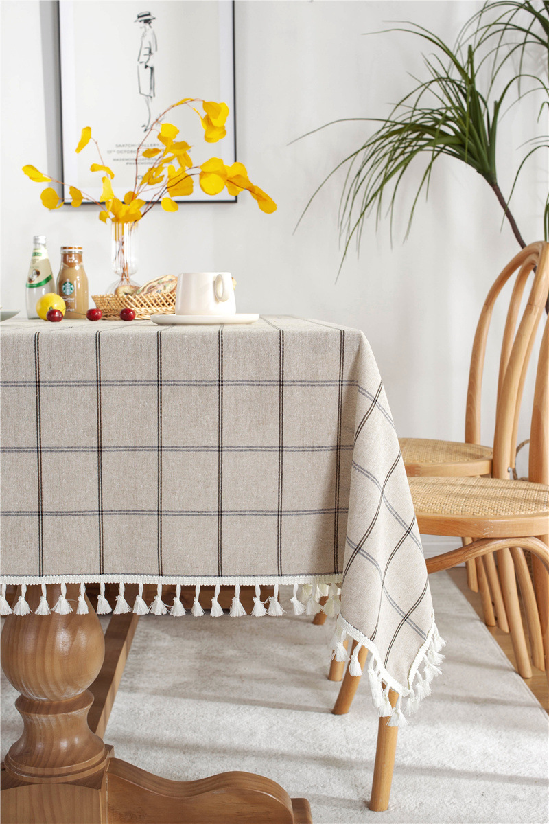Cafe Double-line Plaid Cotton-polyester-linen Tassel Geometric Rectangular Dining And Coffee Table Tablecloth, Available_voghion.com