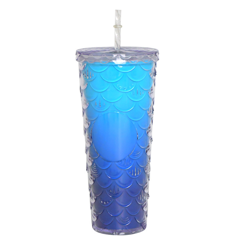 プラスチックカップ新型二重クリエイティブグラデーションマーメイドテールストローカップドリアンカップメッキカラースパンコールカップ|undefined