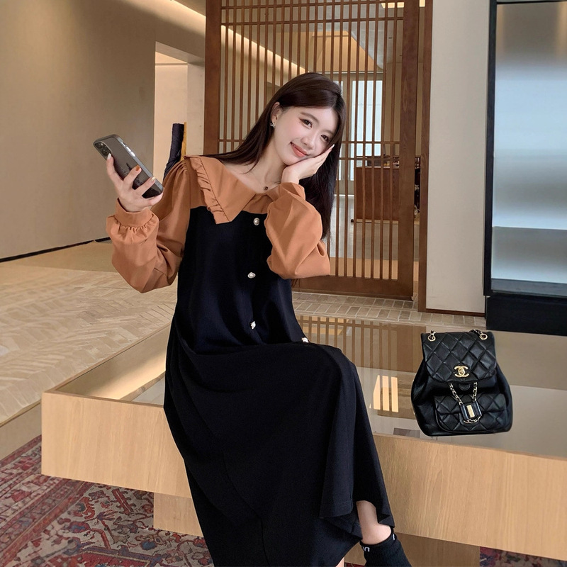｜Own Model Photo｜Real Shot of Large Size Long-Sleeved Versatile A-Line Long Skirt with Contrasting Colors and Relaxed Doll Collar Dress