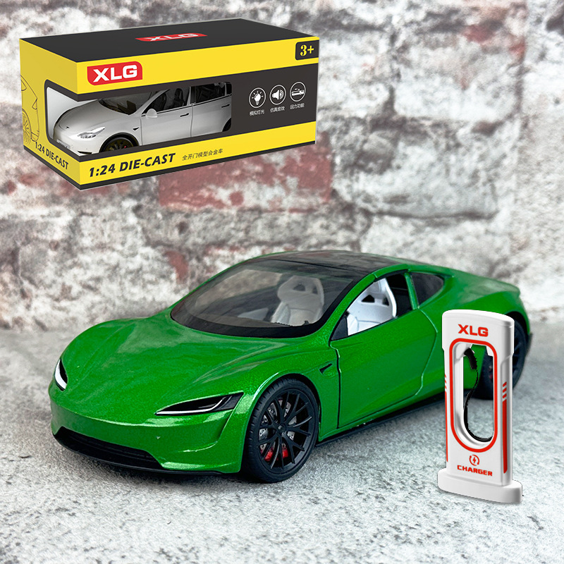 XLG boxed 1:24 Tesla R alloy car model pull back sound and light toy convertible sports car charged pile boxed