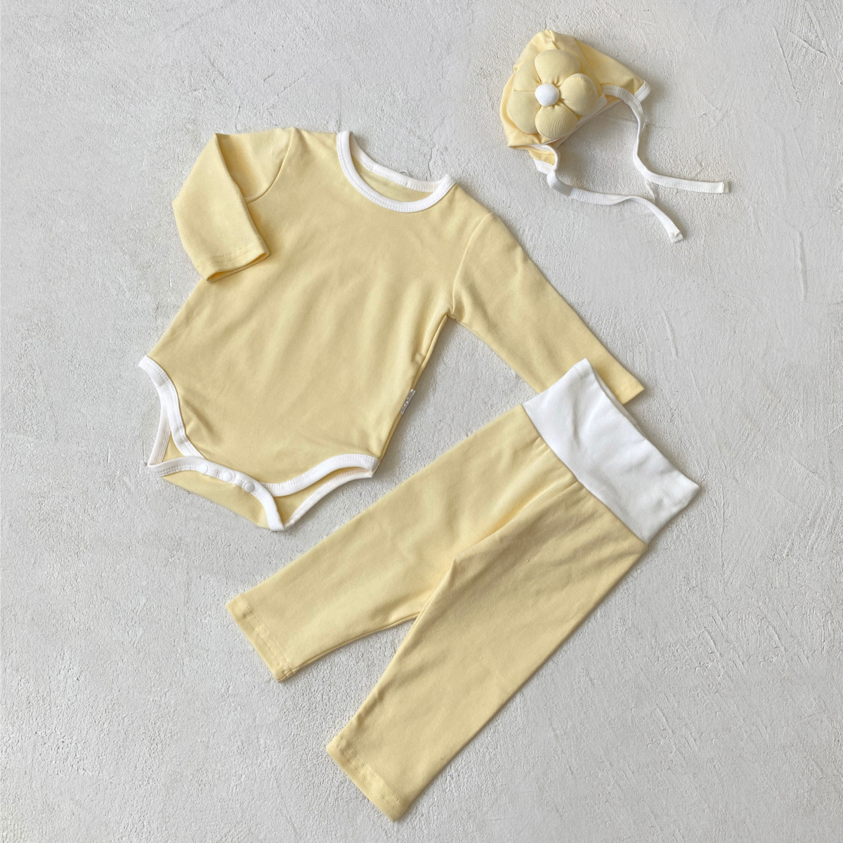 Autumn Korean Style Children's Clothing, Contrasting Color Round Neck Jumpsuit, High Waist Belly Protection Leggings, Flower Hat Suit