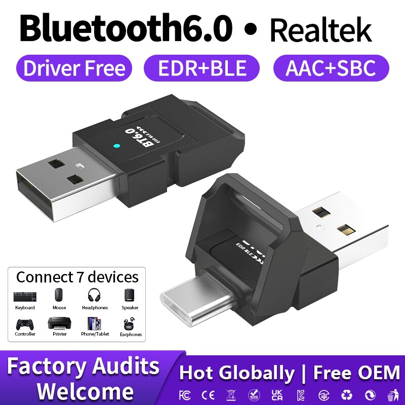 Realtek 6.0 Bluetooth Adapter Driver-Free Computer Desktop USB Transmitter for Connecting Headphones, Speakers, Mouse, and Keyboard