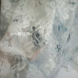 网红荷花繁花流苏雪纺印花布料新中式中国风毛毛连衣裙服装面料