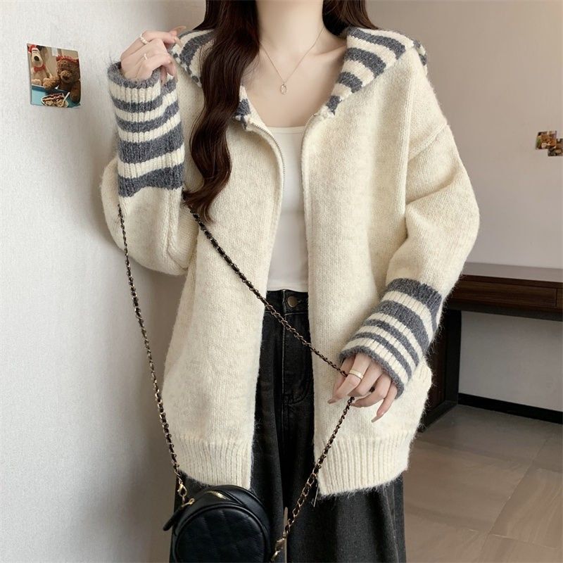 Korean-style autumn and winter new design striped navy collar sweater coat plus size women's long-sleeve knitted top Korean-style autumn and winter new design striped navy collar sweater coat plus size women's long-sleeve knitted top