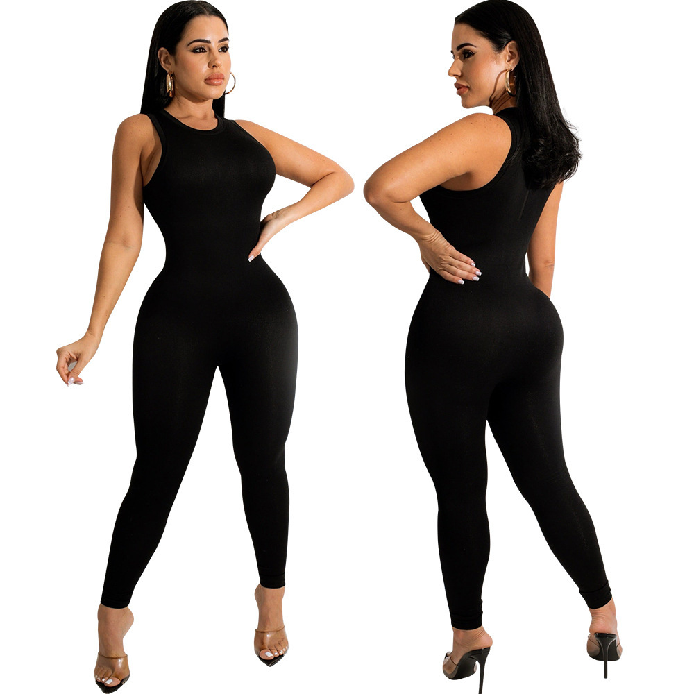 solid color round neck sleeveless tight jumpsuit NSZH119319