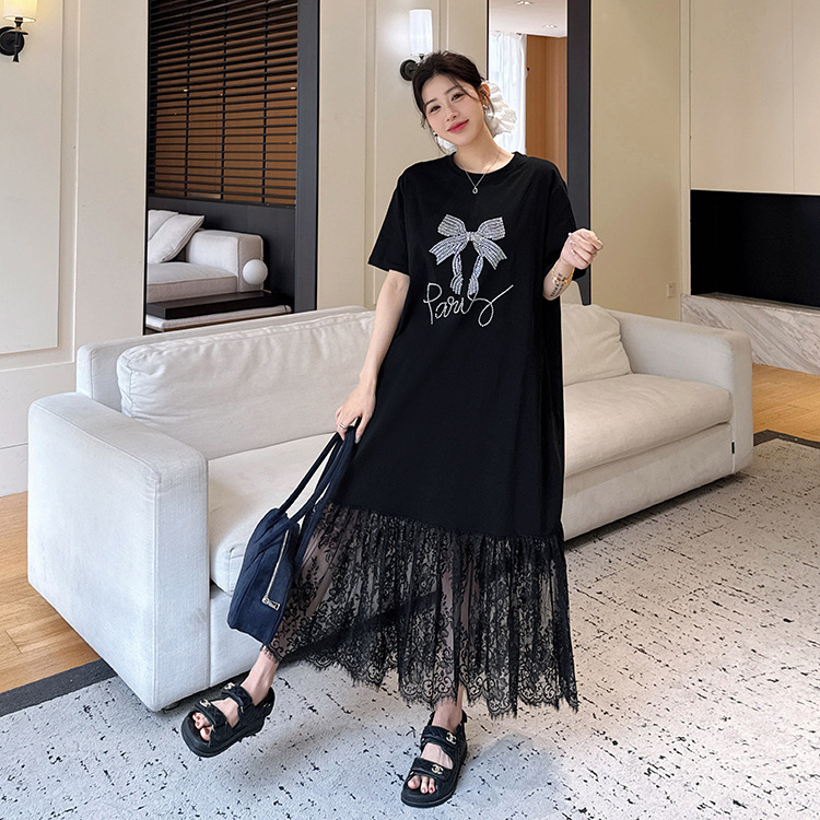 Cat -6652#2025 summer new/plus size long stitching lace skirt hot bead hot drill short sleeve dress women Cat -6652#2025 summer new/plus size long stitching lace skirt hot bead hot drill short sleeve dress women