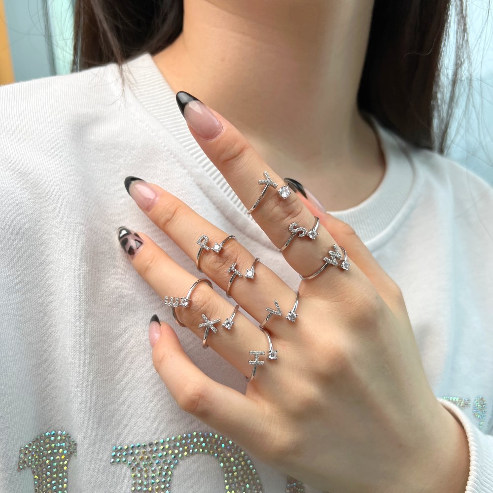 Fashion Letter Sterling Silver Plating Inlay Zircon Open Ring 1 Piece
