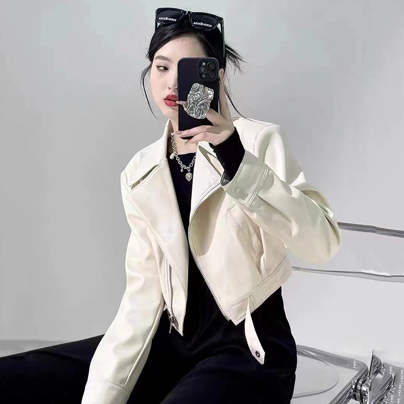 Short White Motorcycle Leather Jacket Women's 2024 Spring and Autumn New Hot Style Petite American Style Retro PU Leather Jacket Short White Motorcycle Leather Jacket Women's 2024 Spring and Autumn New Hot Style Petite American Style Retro PU Leather Jacket