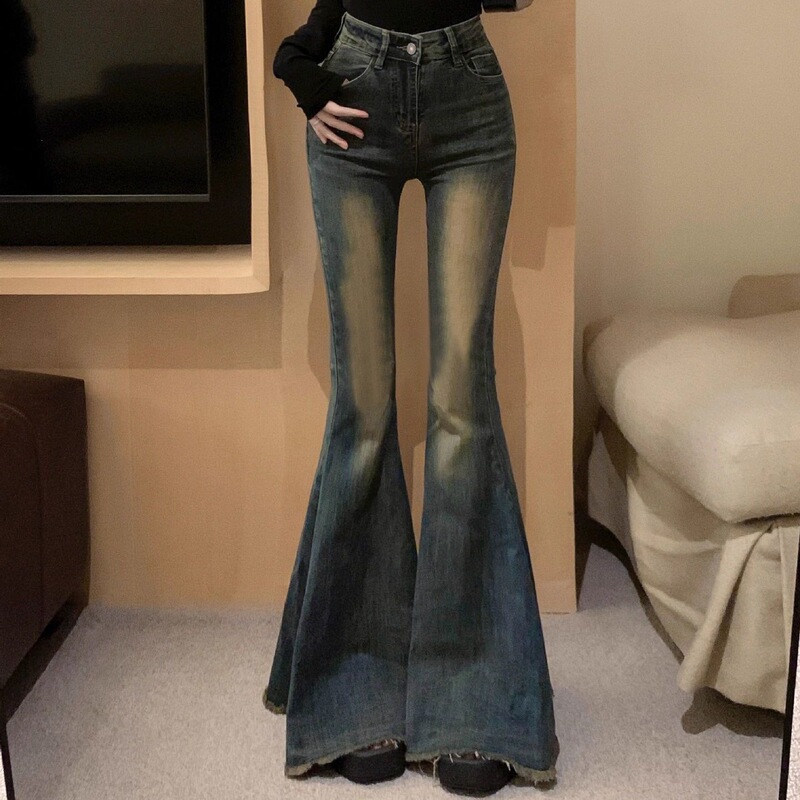 Micro-Flared Jeans for Petite Women, Hong Kong Style Retro Elastic Tassel Design, Sexy Butt-Lifting Fishtail Floor-Length Pants Micro-Flared Jeans for Petite Women, Hong Kong Style Retro Elastic Tassel Design, Sexy Butt-Lifting Fishtail Floor-Length Pants