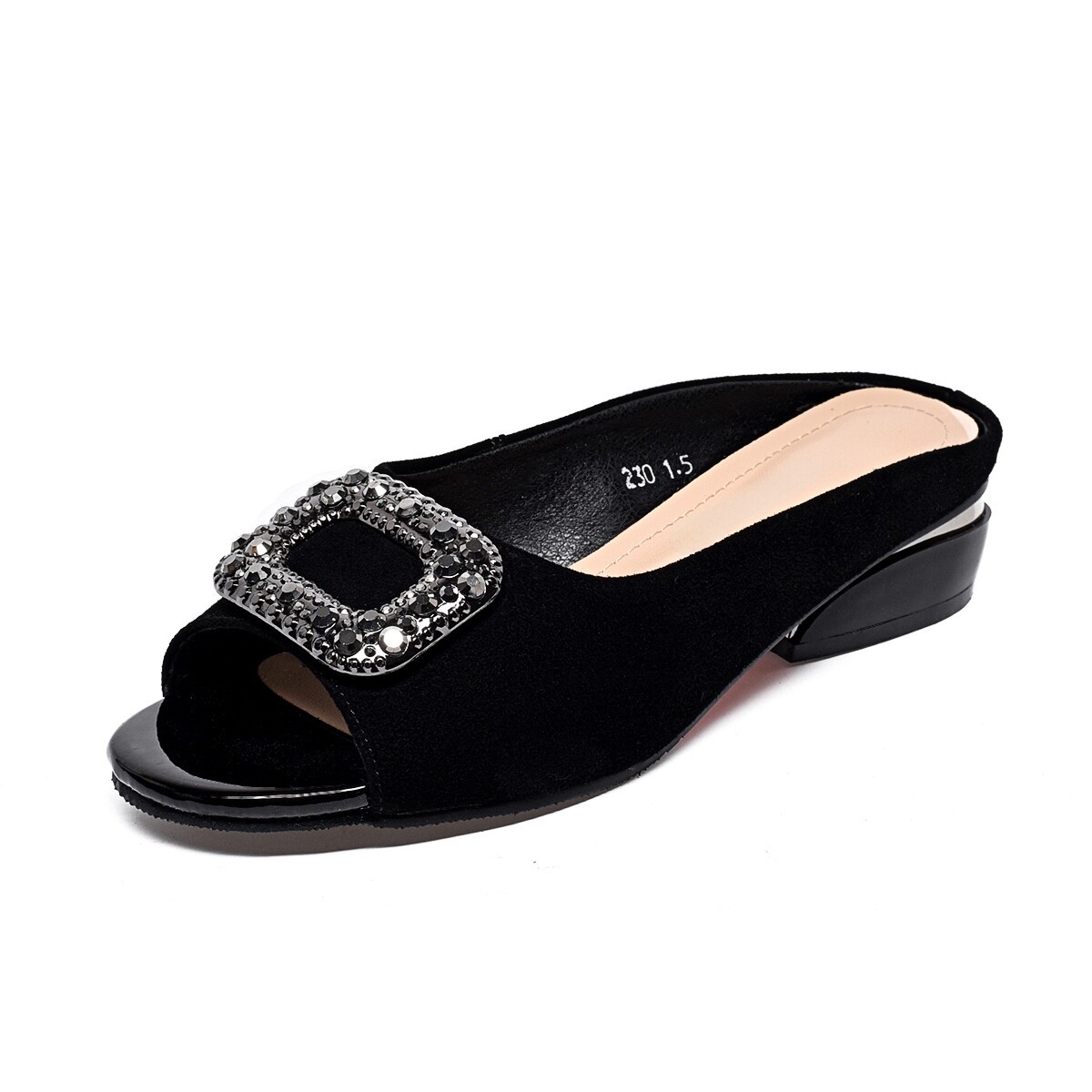 Sandal nữ da thật mũi cá gót vuông thấp đính đá rhinestone — màu đen