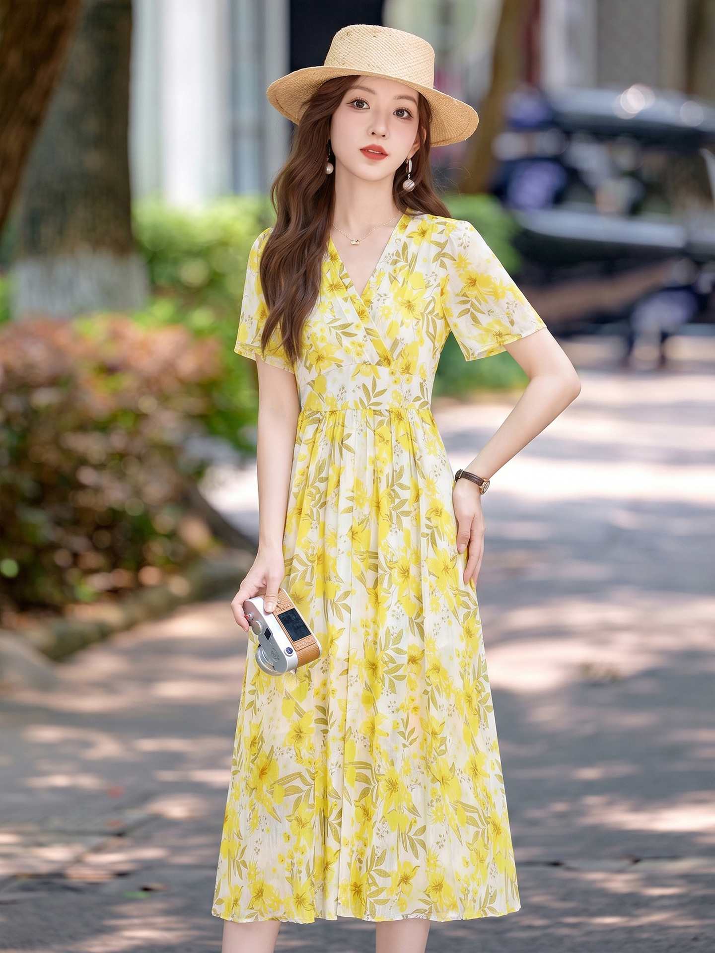 Đầm maxi nữ thắt eo họa tiết hoa nhí cổ V xếp ly tay ngắn — xanh lam, Màu hồng, màu vàng