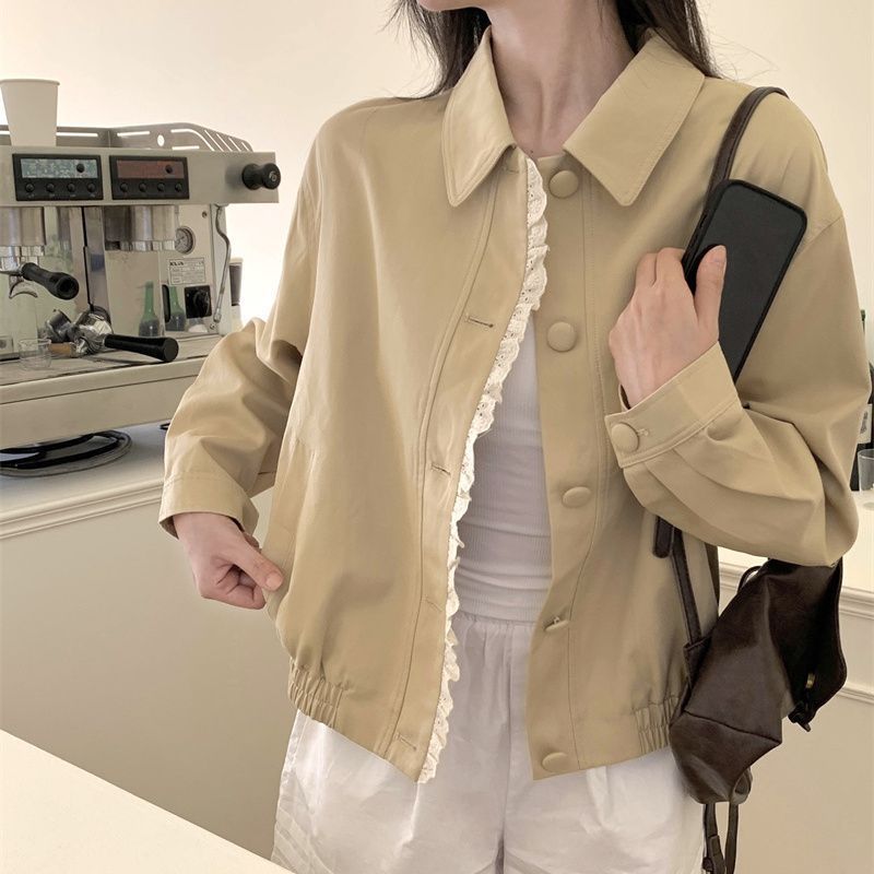花边拼接翻领长袖夹克外套女2025秋季新款短款设计感棒球服上衣潮|undefined