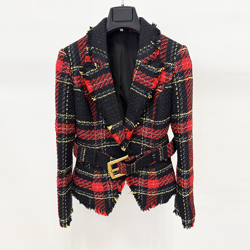 High Street Fashion 2026 Early Spring New Style High-End Line-Patterned Tweed Slim-Fit Jacket with Belt