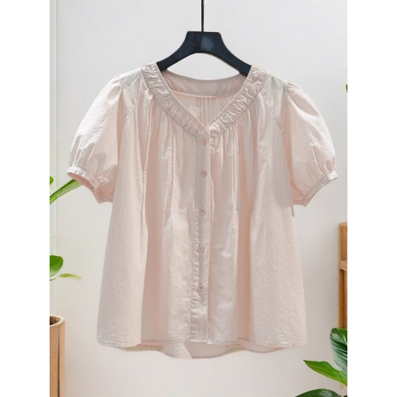 【100%】女性用純綿夏フレンチVネックプリーツパフスリーブシャツ、ゆったりとしたデザインで年齢を軽減し、シックです。|undefined