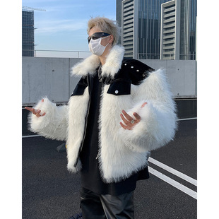 in stock 24 New Black and White Patent Leather Stitching Environmental Rivet Thickened Cotton Fur Casual Loose Fashion Jacket