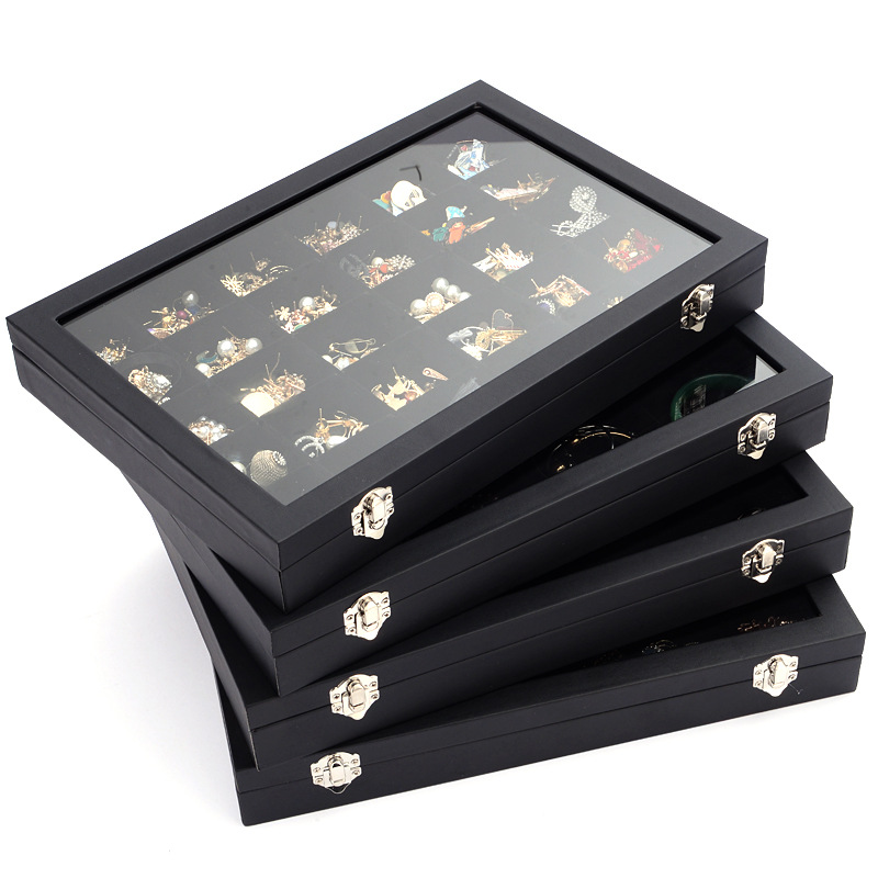 黑色珠宝箱格子收纳带盖防尘玻璃包装饰品包装首饰包装规格见描述