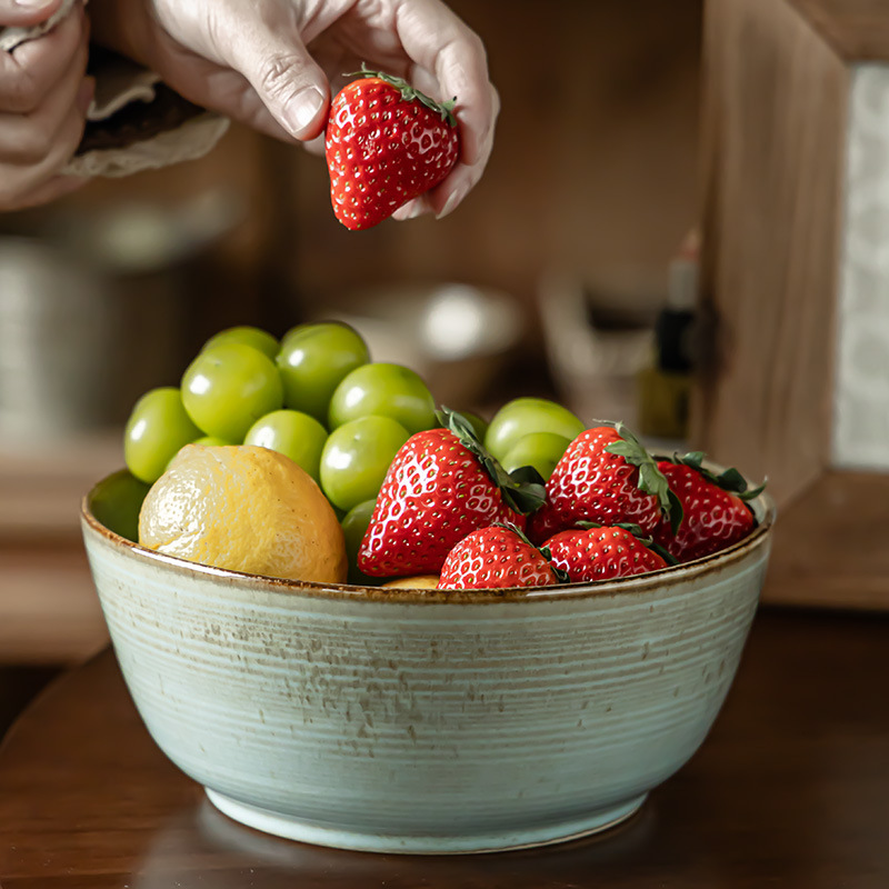 Horno de viento retro verde cerámica gran tazón cubiertos tazón mayorista de gran capacidad de tazón de sopa de alta calidad tazón de fruta sala de estar