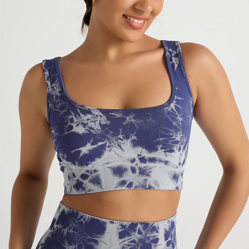 Nuevo traje de yoga de secado rápido de cadera deportivo de cintura alta sin costuras europeo y americano de tres piezas pantalones de yoga de teñido ajustado para mujer