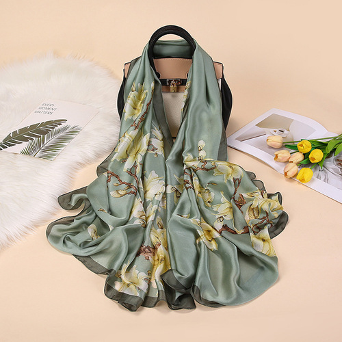 21 spring and summer elegant silk scarf sun protection scarf large shawl for women wholesale satin beach long scarf printed shawl