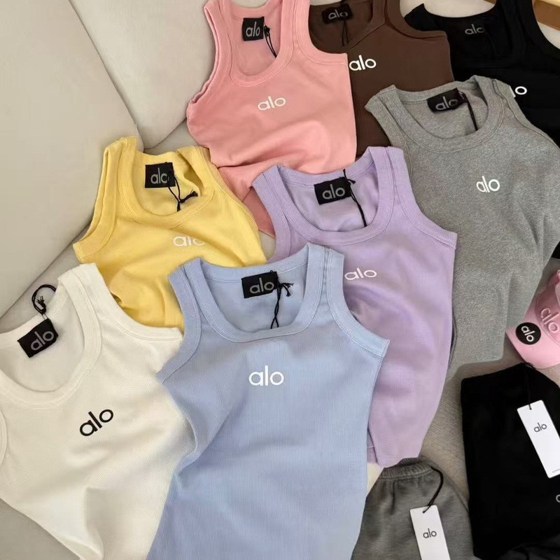 High-End Alo Tank Top with Unique Letter Embroidery, Versatile Sports Camisole for Women, Yoga and Fitness Top ~ Cross-Border