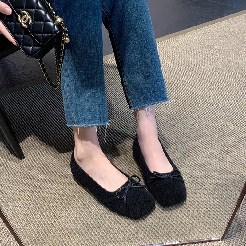 Grape Mom otoño e invierno nueva moda lazo lana terciopelo cálido boca baja ballet zapatos planos mujeres