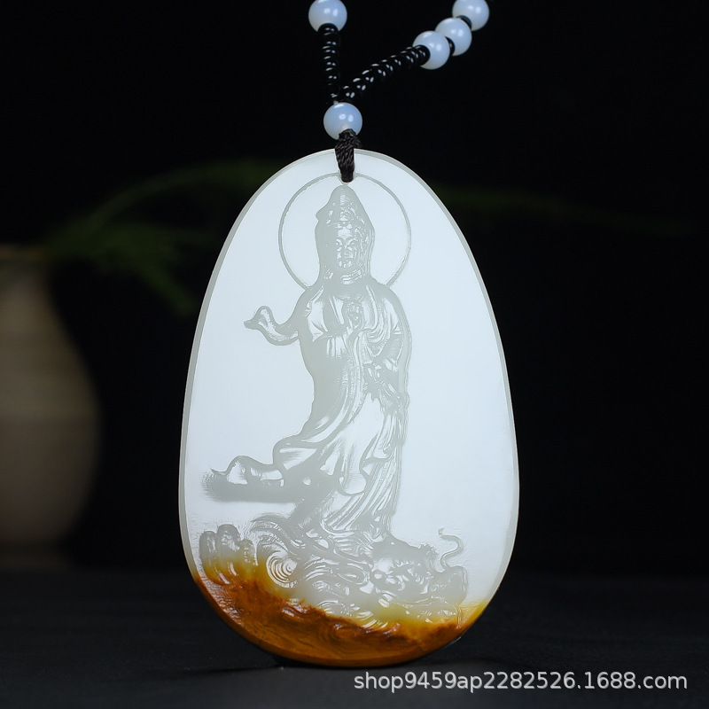 新疆羊脂玉玉观音白玉籽料山料黄皮和田白乘龙观音吊坠男女款玉坠