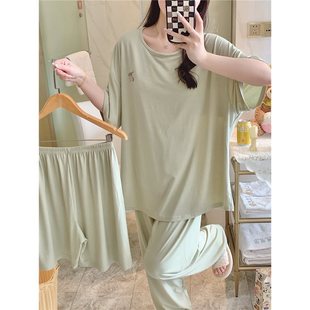 Three-Piece Pajamas with Breast Pads for Women Summer Modal Cotton Short-Sleeved Pants Plus Size 100kg Summer Home Clothes