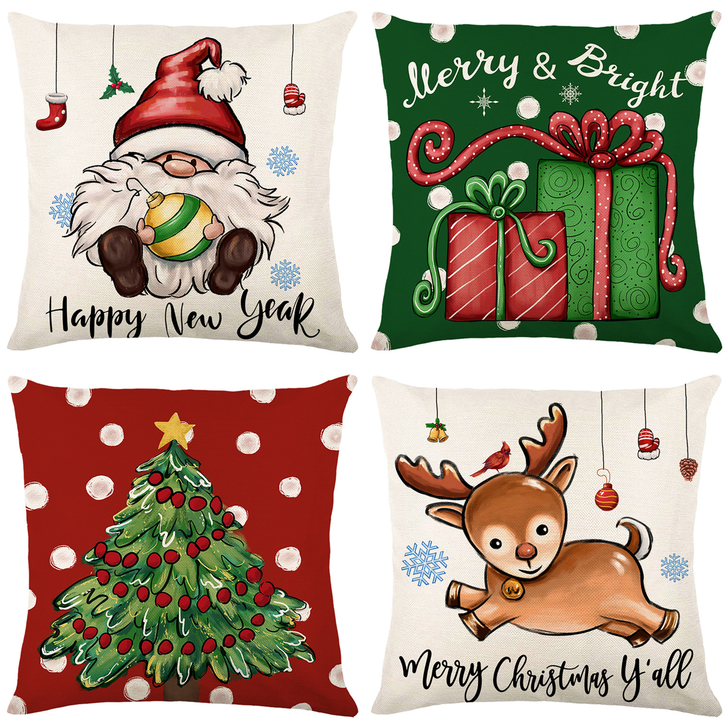 跨境圣诞抱枕套亚麻手绘亚马逊家居圣诞老人麋鹿靠枕套沙发靠垫套