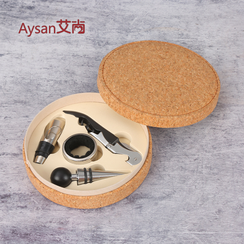 와인 병 오프너 세트 우드 그레인 가죽 라운드 박스 와인 병 오프너 4 피스 세트 해마 나이프 와인 오프닝 도구 도매