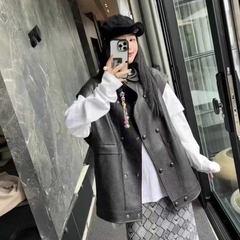 小羊皮真皮马甲泡皮机车阔版背心叠穿中长外套宽松欧货女2025新款