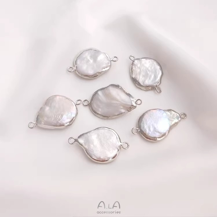 天然バロック異形真珠双穴ペンダントシングル吊り飾り米珠平円形手作りdiy縁取り部品