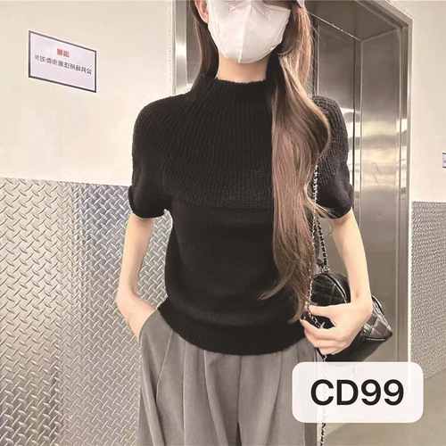 Minimalist style threaded short-sleeved sweater sweater for women's autumn and winter 2026 new style semi-high collar small soft waxy top trend
