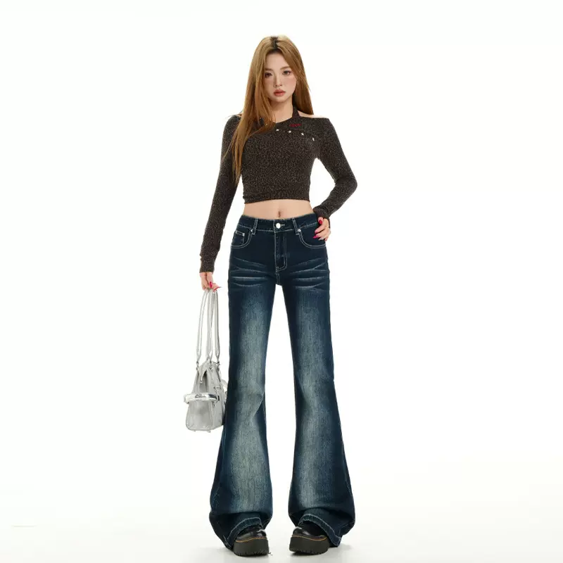 2025新款复古蓝美式低腰微喇牛仔裤女弹力修身显瘦拖地马蹄裤