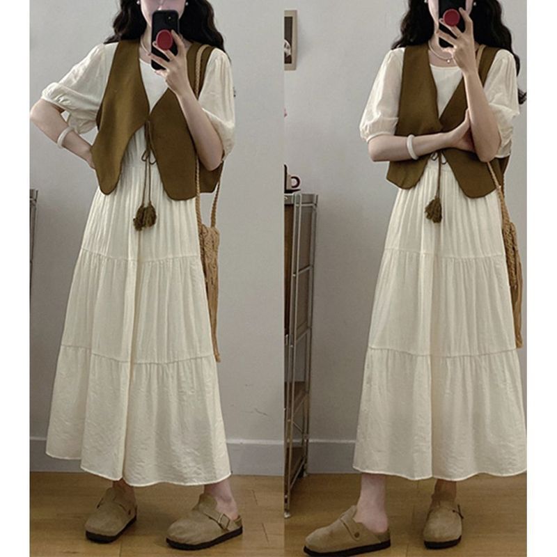 大码梨形身材短袖连衣裙女2025新款夏季胖遮肚显瘦裙子马甲套装|undefined