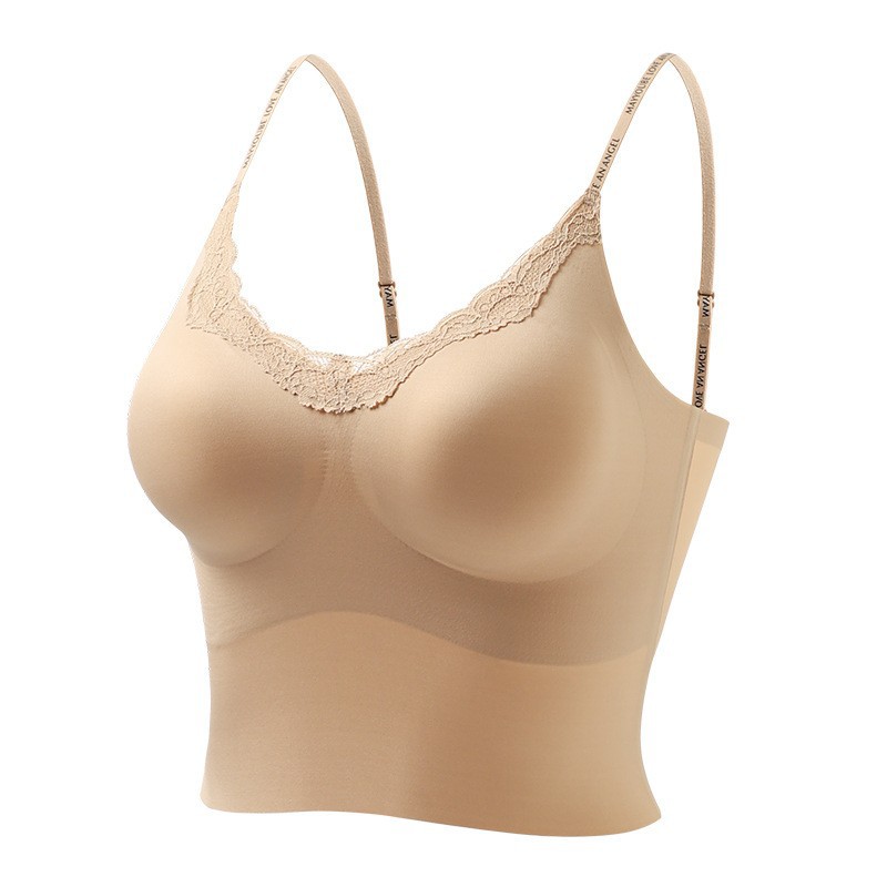 Base líquida de cuello en V, chaleco de cordón sin trazas con cojín de pecho para mujeres, ropa interior corta apretada.
