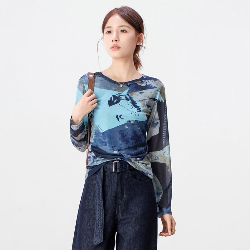 水墨印花透气网纱打底衫女2025秋季新款圆领修身显瘦长袖t恤上衣|undefined