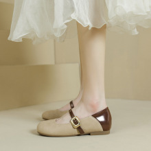 软皮玛丽珍单鞋女2025新款 平底拼接色娃娃鞋软底防滑豆豆鞋单鞋