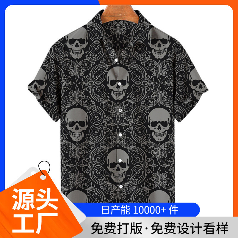 2024 Cross-border New Skull 3D Digital Print Short Shirt Hawaiian Men's Casual Short-sleeved Shirt