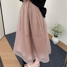 肉桂粉仙气网纱裙女夏季大码胖mm轻盈显瘦高级感a字中长款半身裙
