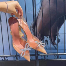 厂家现做欧美新款水钻蝴蝶结透明凉跟鞋尖头果冻仙女风高跟鞋