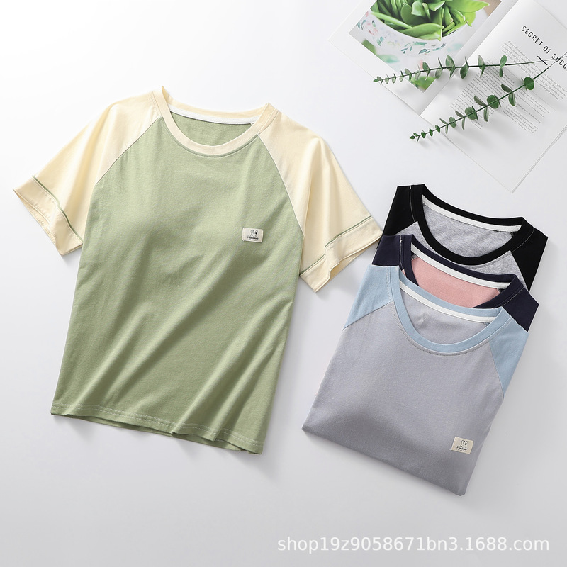 Wholesale Summer Raglan Short-Sleeved Pure Cotton with Chest Pad Round Neck Pullover T-Shirt Casual Home Top Drop Shipping
