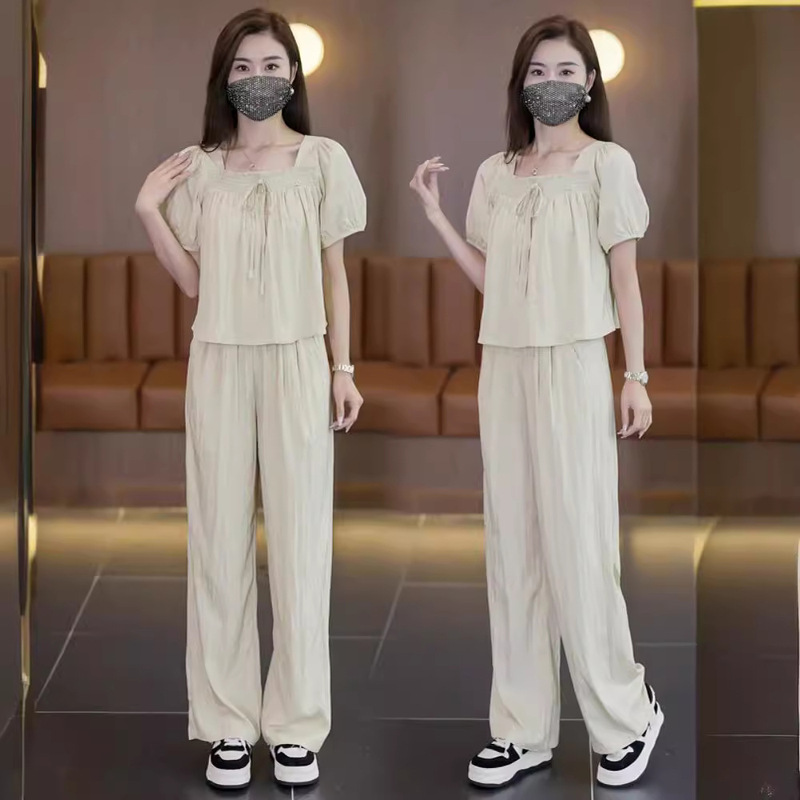Square collar wide-leg pants suit women's 2024 Summer new small fashionable slimming Western style age-reducing loose two-piece suit