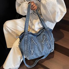 2025春季街头潮流新款牛仔托特包女时尚简约百搭单肩包休闲斜挎包